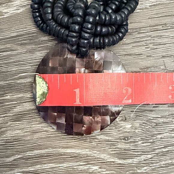 Multi Strand Wood Beaded Mosaic Round Pendant Necklace, Brown 17” Long - Picture 5 of 5